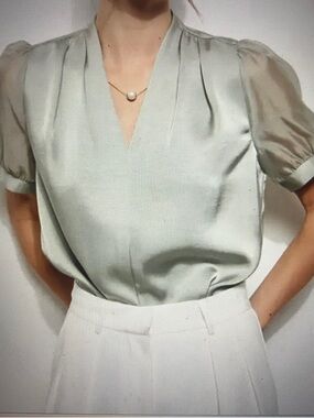 INA Sage Green V-Neck Puff Sleeve Blouse
